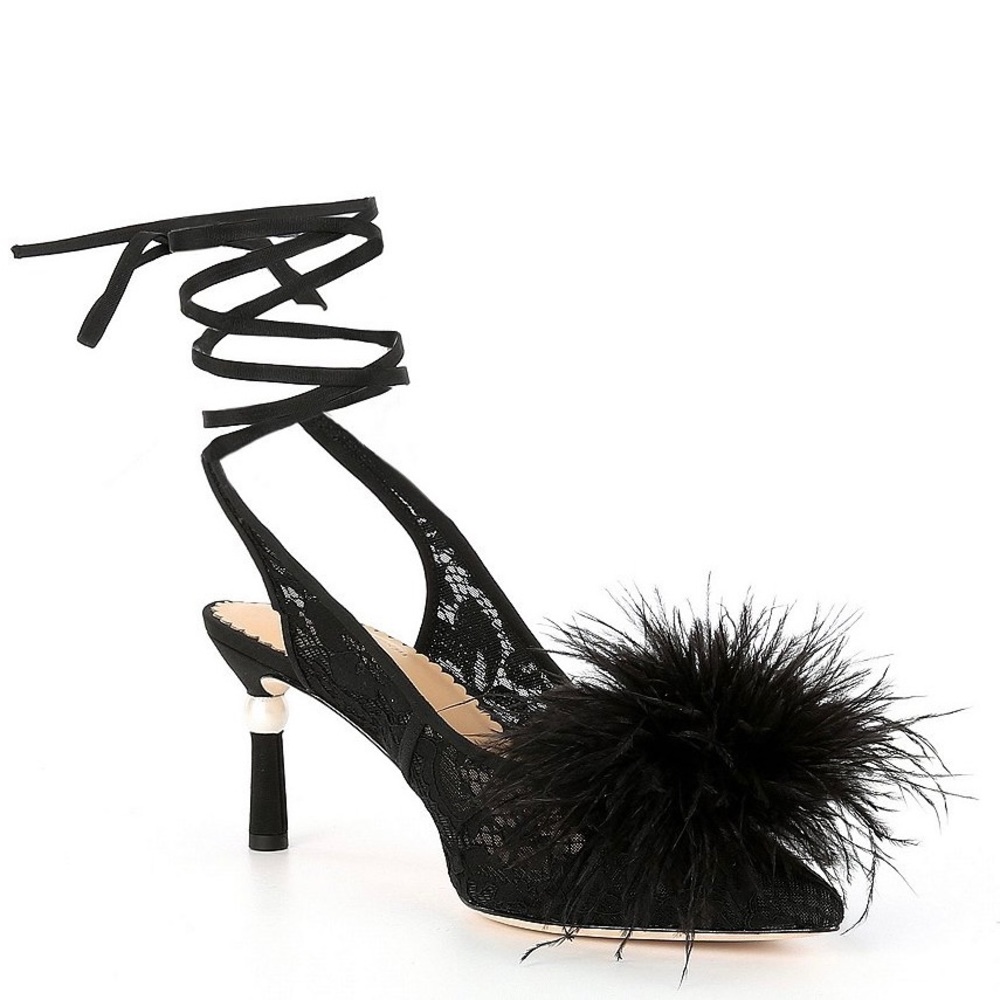 NWOT Nicola Bathie x Antonio Melani Claire Ostrich Feathers Pom Ankle Wrap Pumps